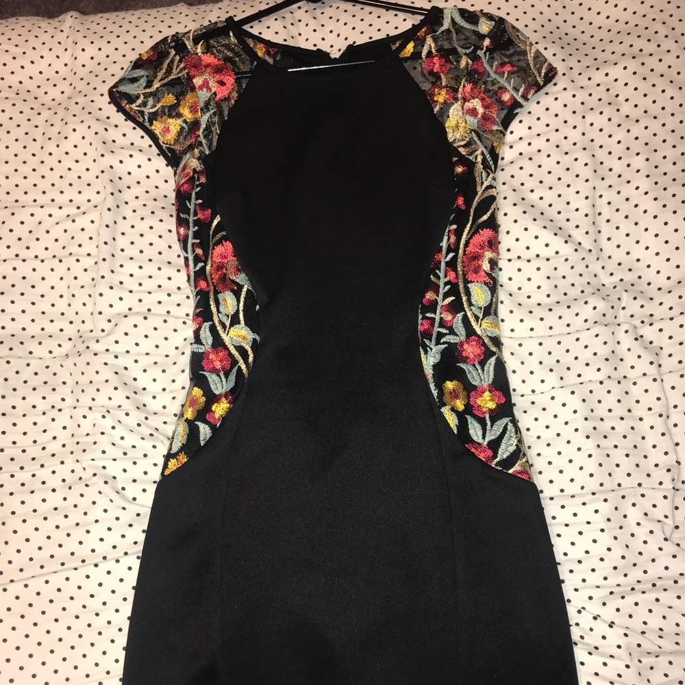 Black short sleeved semi formal dress with pattern